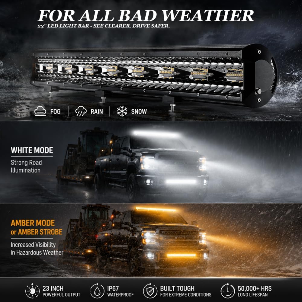 23 Inch 144W LED Light Bar White/Amber Flasing Strobe Light with Six Modes Dr...
