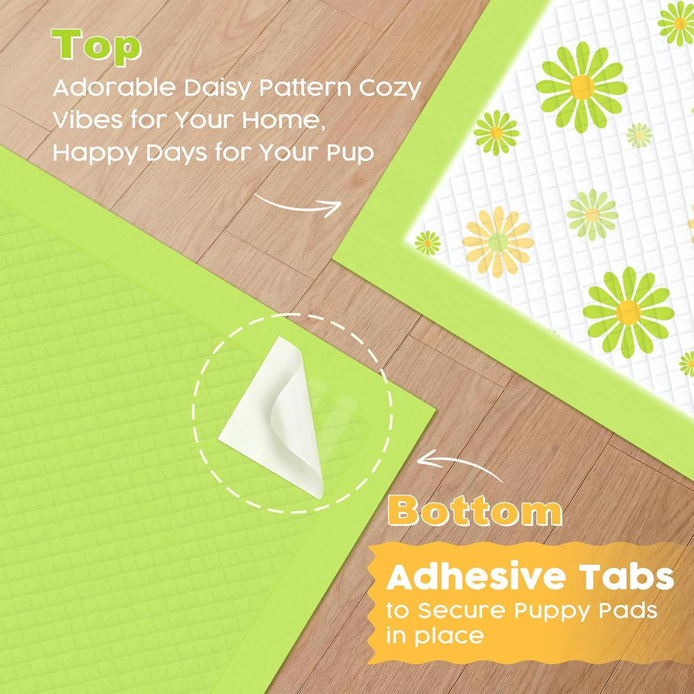 MIZOK Puppy Pads with Adhesive Tabs Green Daisy Prints Small 22x22in 100Ct