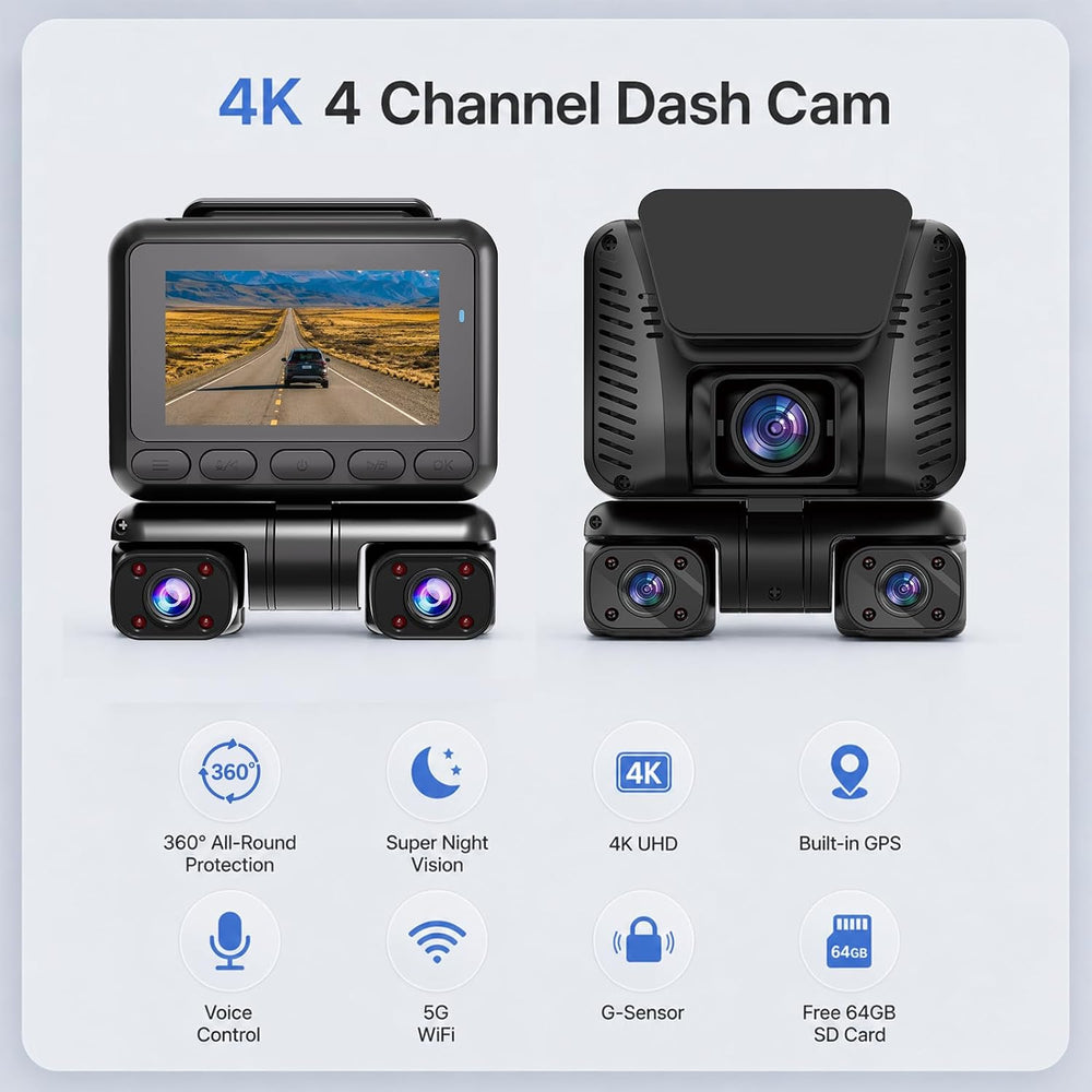 4K 4 Channel Dash Cam Front and Rear Inside Left Right, 360° View Wireless Ca...