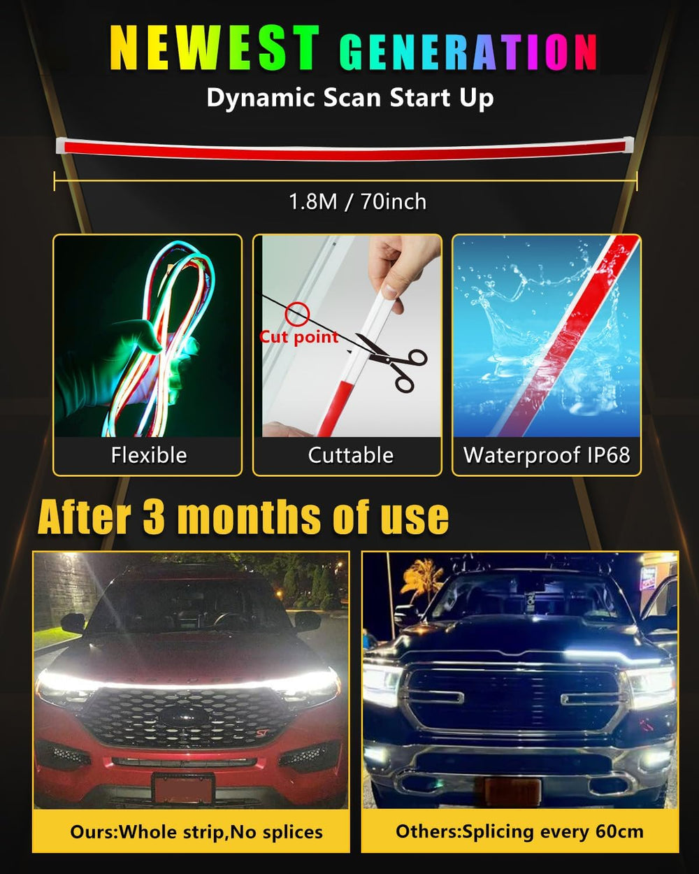 YM E-Bright LED Hood Light Strip, 70in RGB App Control Dynamic Scan DRL 12V