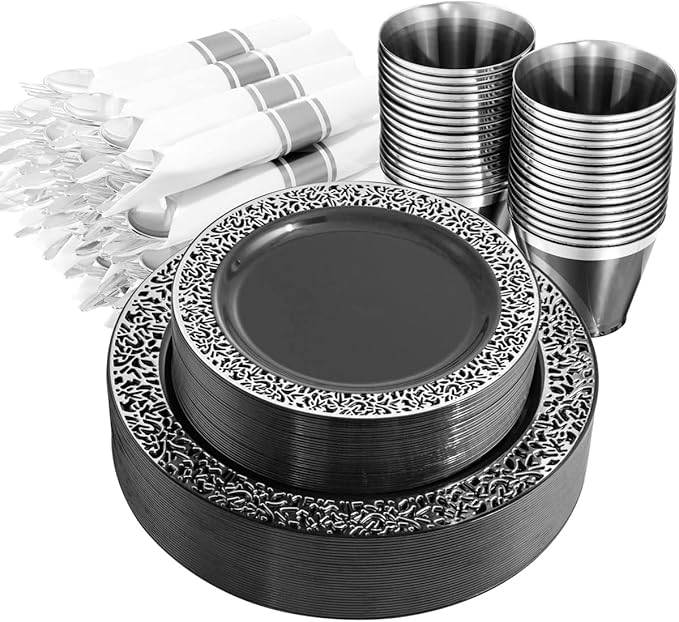 NOCCUR 210PCS Black and Silver Dinnerware Set for 30 Guests - Black Plastic P...