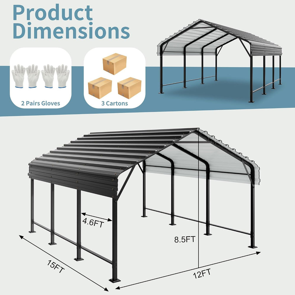 Shintenchi 12x15 FT Metal Carport, Oversized Carport Garage with Enhanced Bas...
