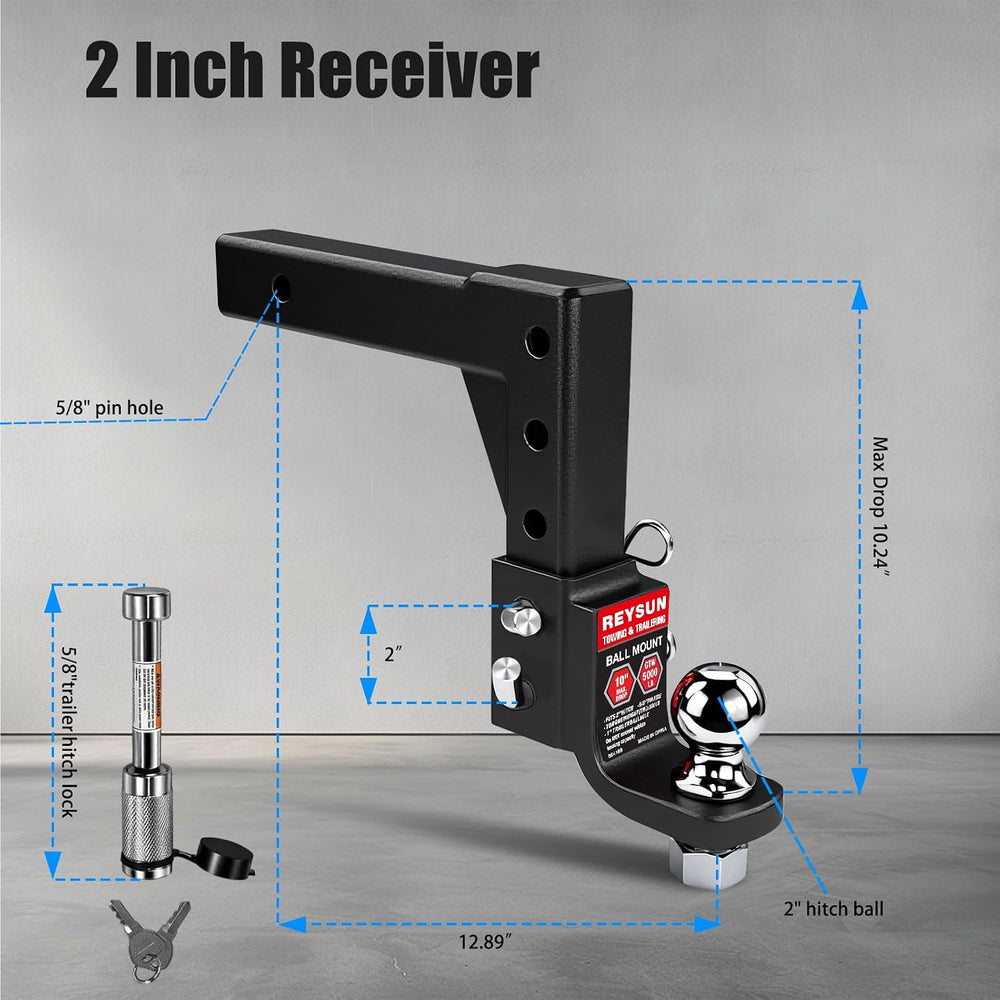 Adjustable Trailer Hitch Ball Mount with 2-inch Hitch Ball, 5/8-inch Hitch Lo...