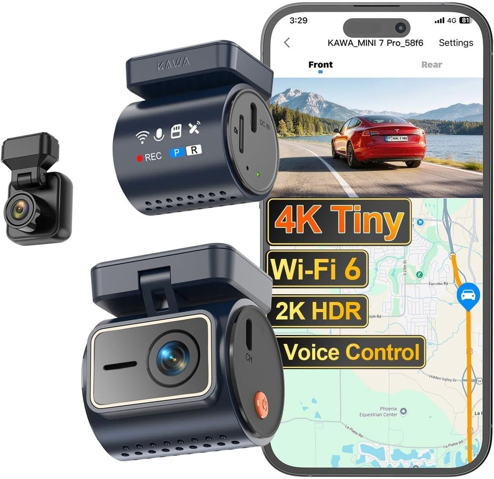 KAWA 4K+1080P Dual Dash Cam, Stealth Display, Voice Control, Wi-Fi 6 & GPS
