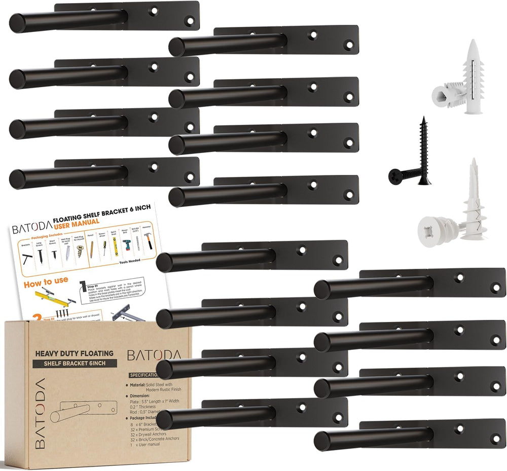 BATODA 6" Floating Shelf Bracket Heavy Duty (16 pcs) – Solid Steel Blind...