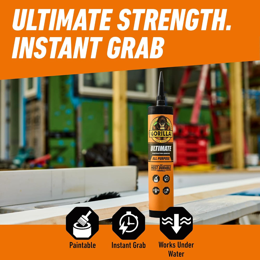 Gorilla Heavy Duty Ultimate Construction Adhesive, 9 Ounce Cartridge, White, ...