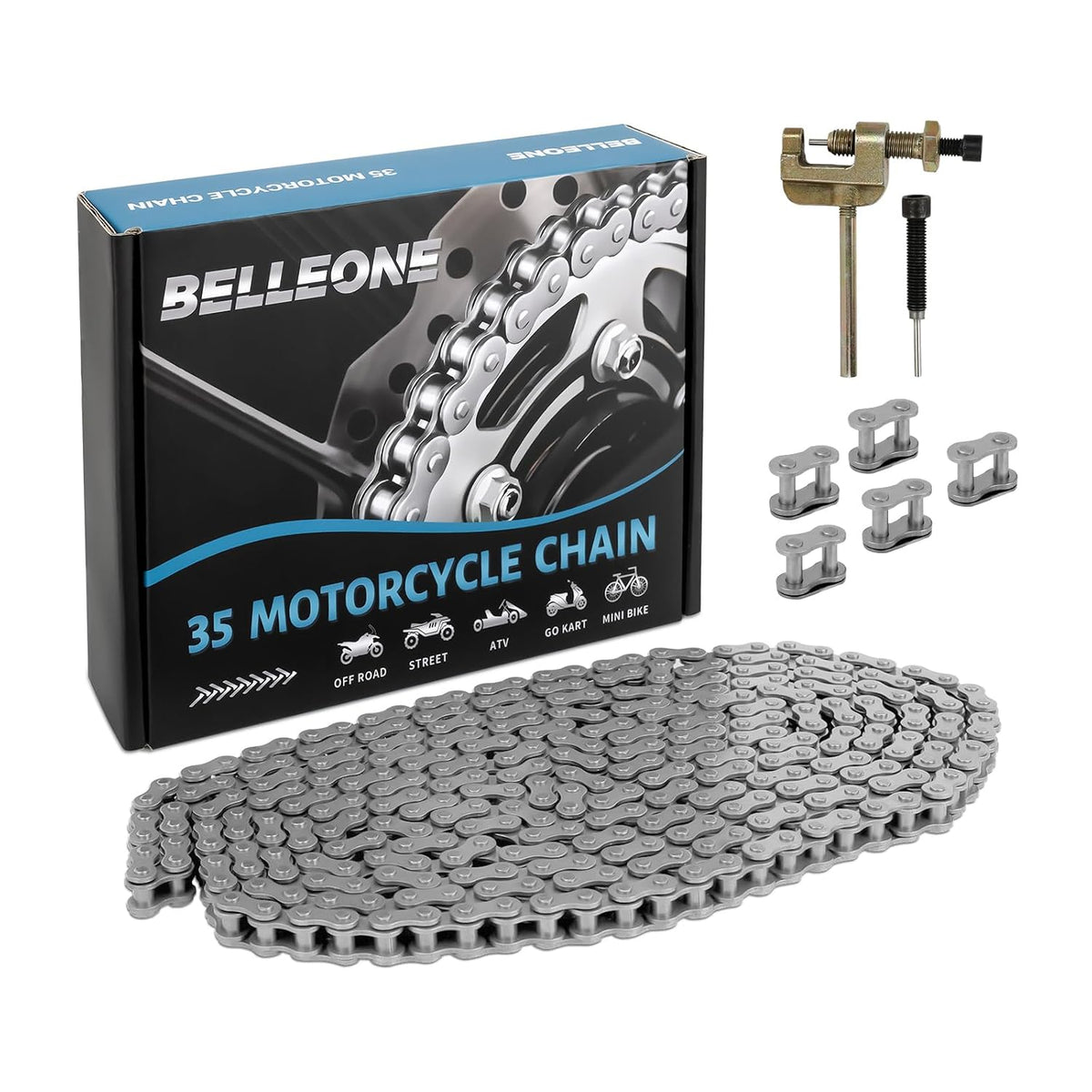 #35 Roller Chain 10 Feet -320 Links #35 Chain with Chain Breaker & 5 Connecting Links for Go Karts, Motorcycles, Mini Bikes, Bycicles, Other Home and Industrial Machinery