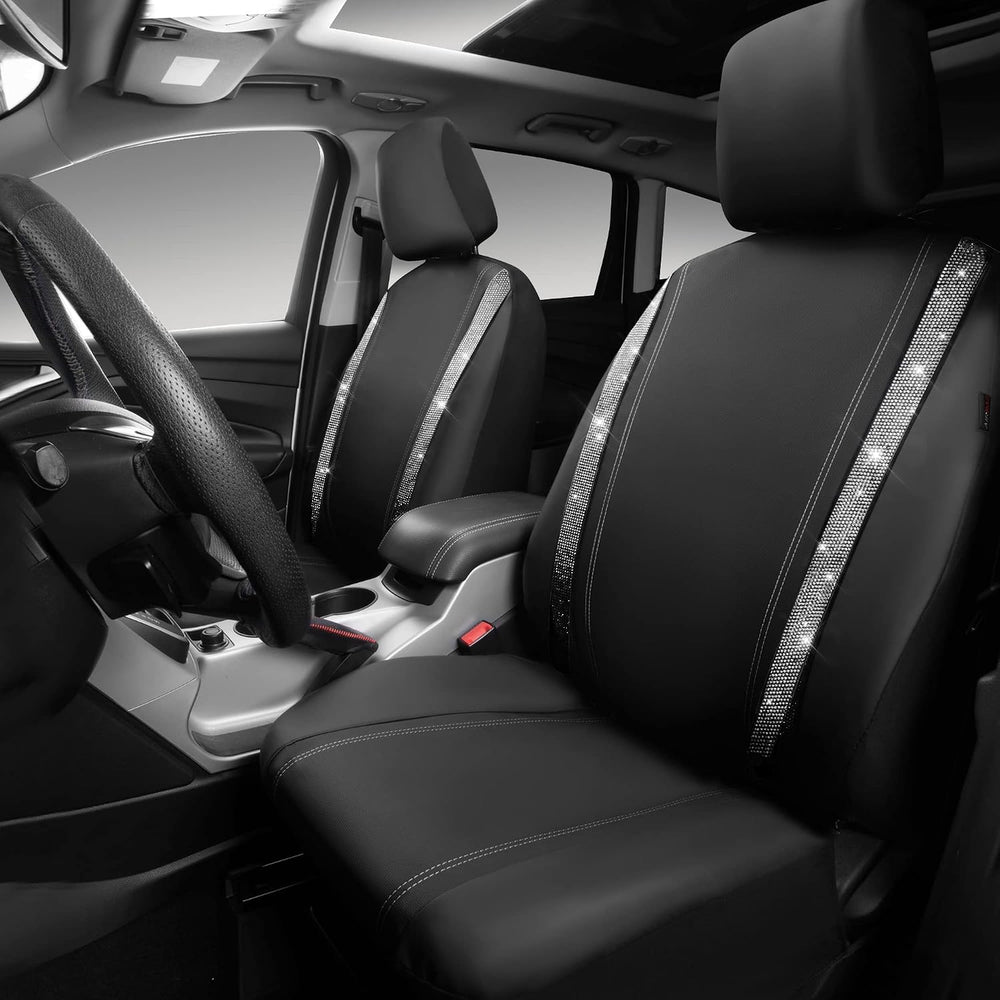 CAR PASS Leather Bling Diamond Car Seat Cover 2 Front Interior Sets, Waterpro...