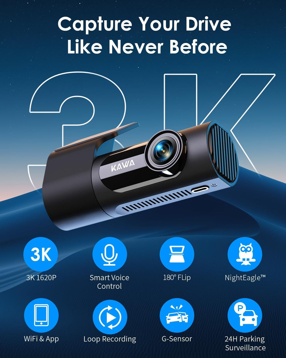 KAWA 3K Dash Cam Front, 360°Rotation, Voice Control, Wi-Fi Dashcam for Cars