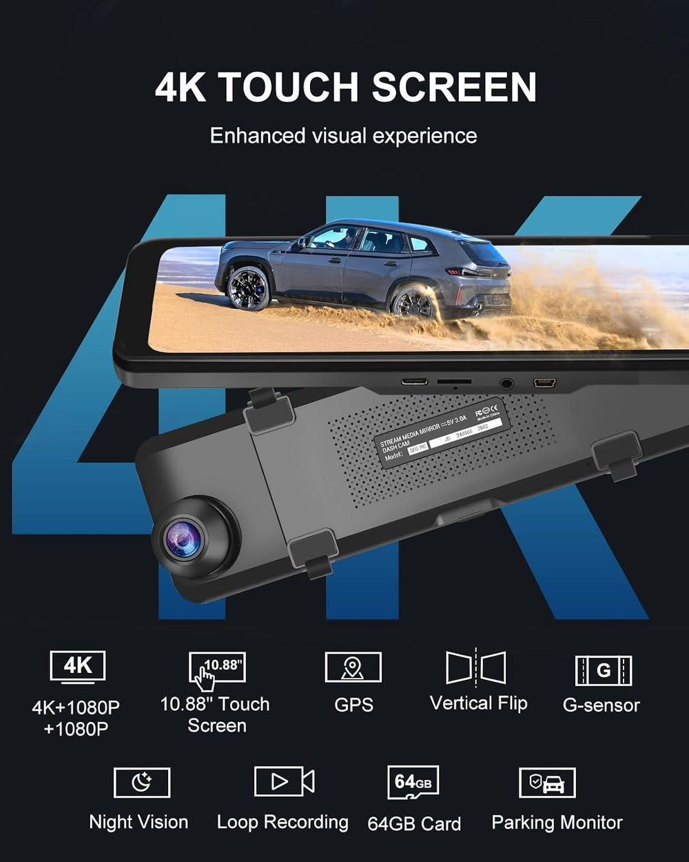 4K 3 Channel Mirror Dash Cam, 11" Triple Camera Rear View Mirror