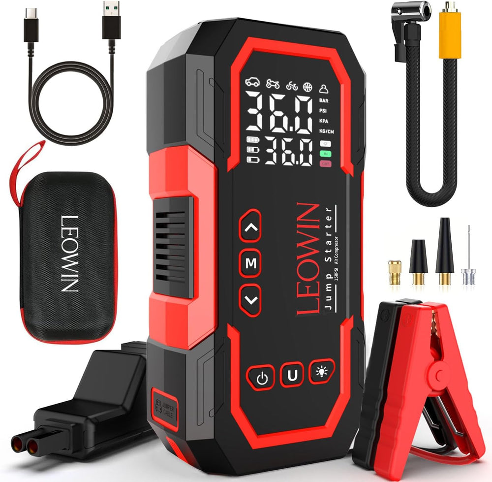 LEOWIN Jump Starter with Air Compressor Portable, Red