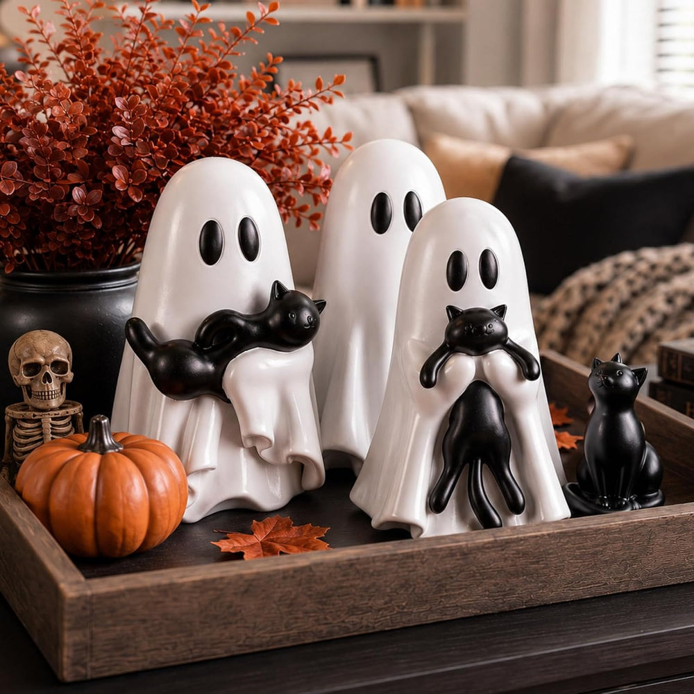 RattanView 4 Pcs Large Halloween Ghost Cat Table Decor, 6" Cute Figurines