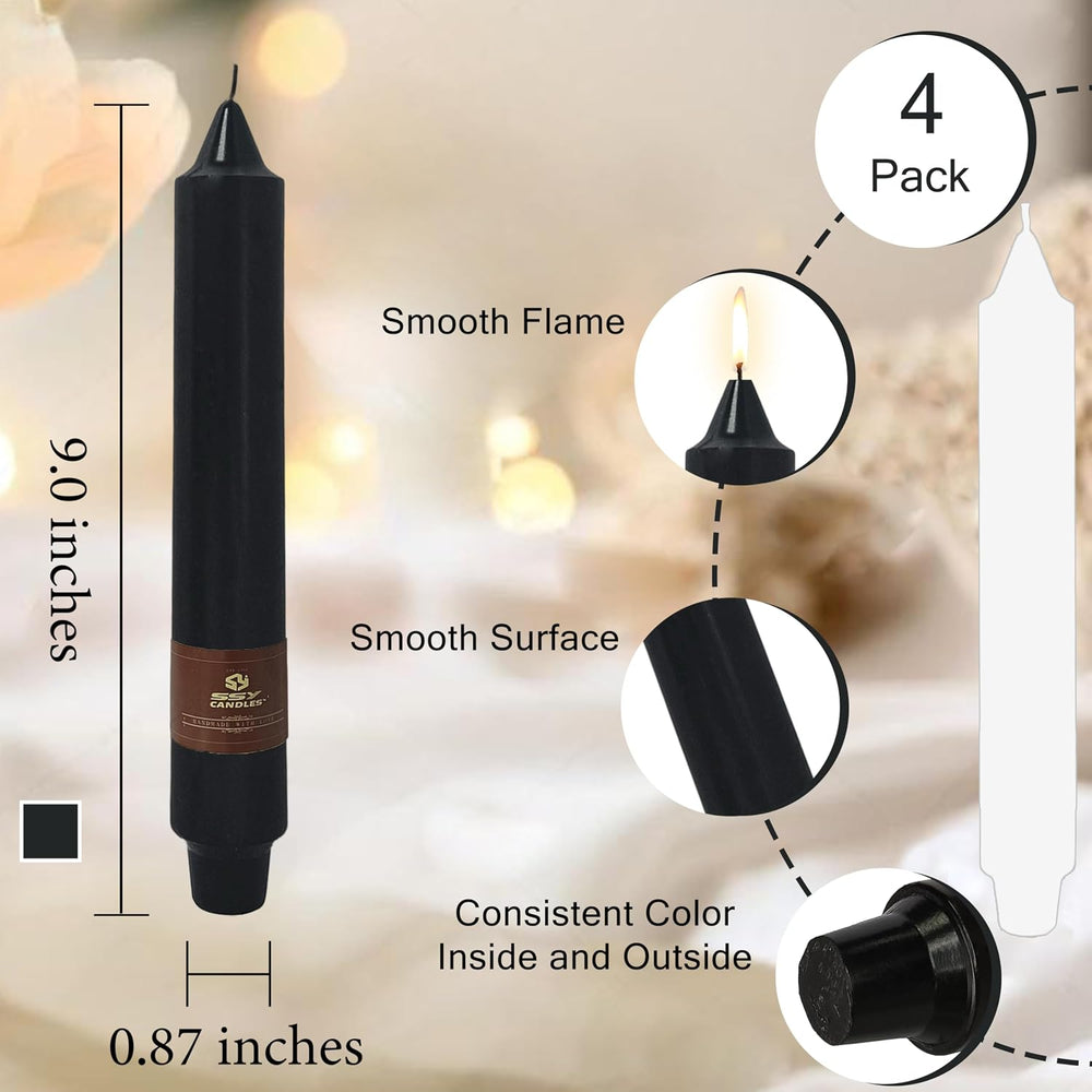 Black Halloween Taper Candles 4 Pack Hand-Poured 9 Inch Unscented Long Tapere...