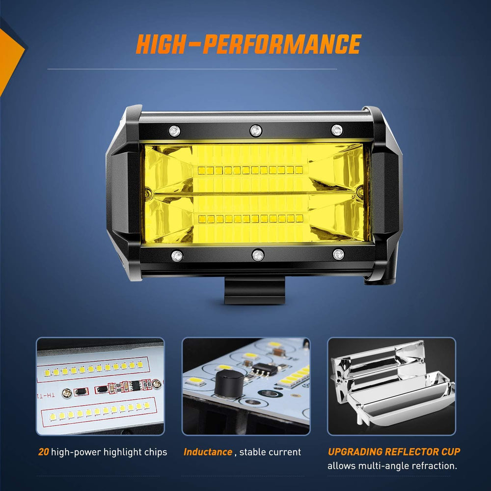 Nilight - ZH304 Led Light Bar 2PCS 5Inch 72W 10800Lumens Yellow Flood Beam Fo...