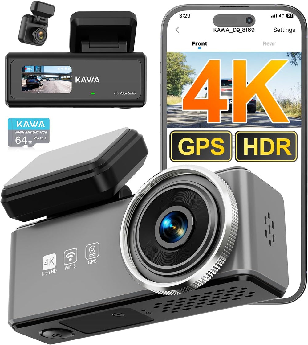 KAWA 4K Dash Cam Front Rear, Voice Control, GPS & Wi-Fi6 Dual Dash Camera