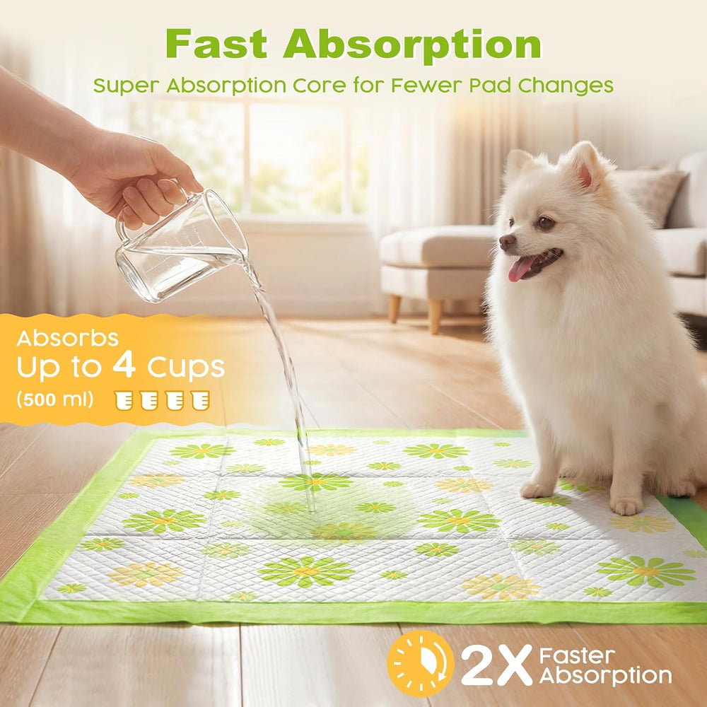 MIZOK Puppy Pads with Adhesive Tabs Green Daisy Prints Small 22x22in 100Ct