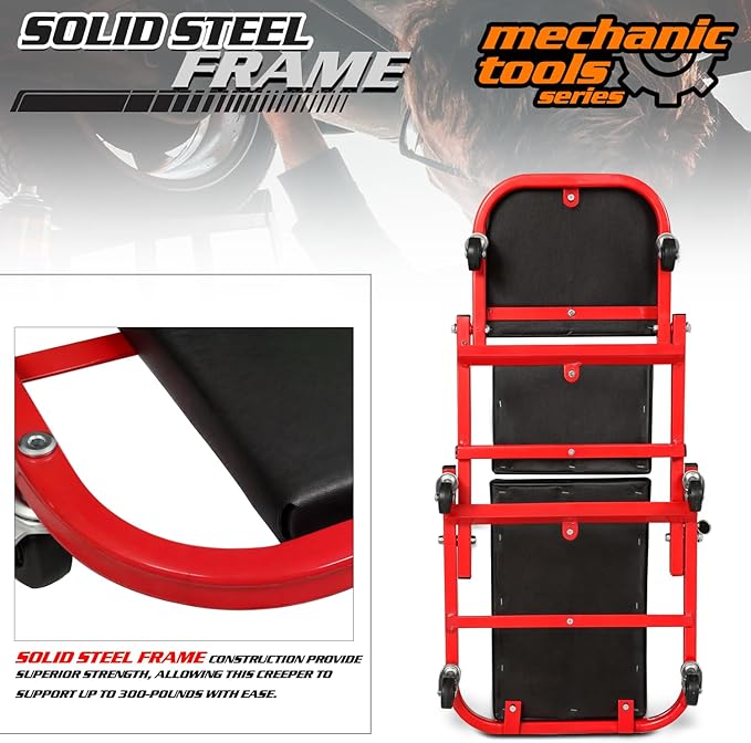 M-AUTO Foldable Z Creeper 2-in-1 Rolling Folding Car Creeper & Seat, 330LBS