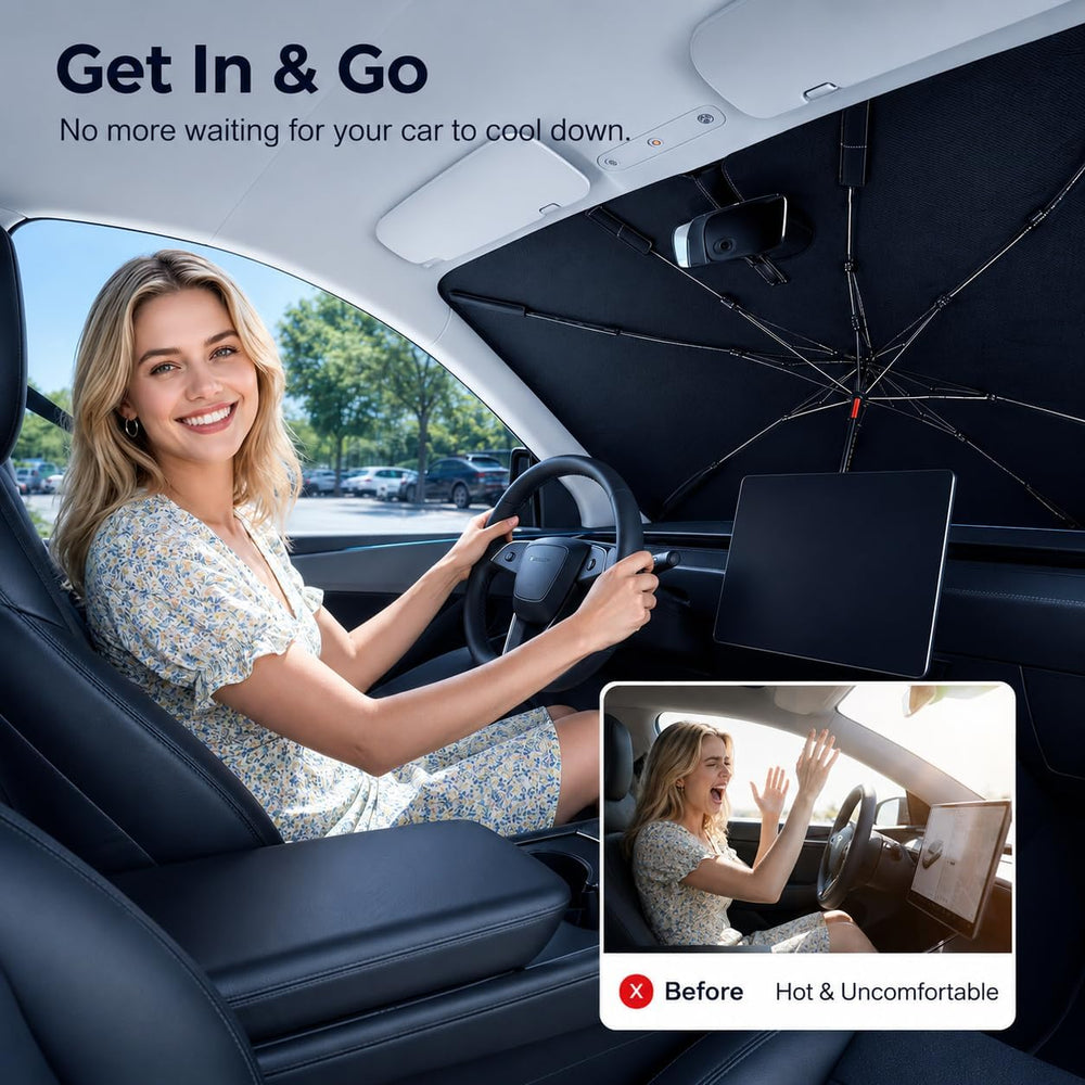 [2026 Upgraded] DooGooCoo Windshield Sun Shade Umbrella for Tesla Model Y, Mo...