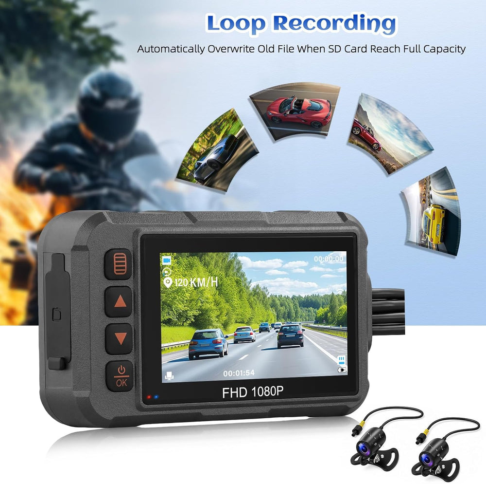 Motorcycle Dash Cam Dual HD Camera Front and Rear View 3" IPS Screen 1080P