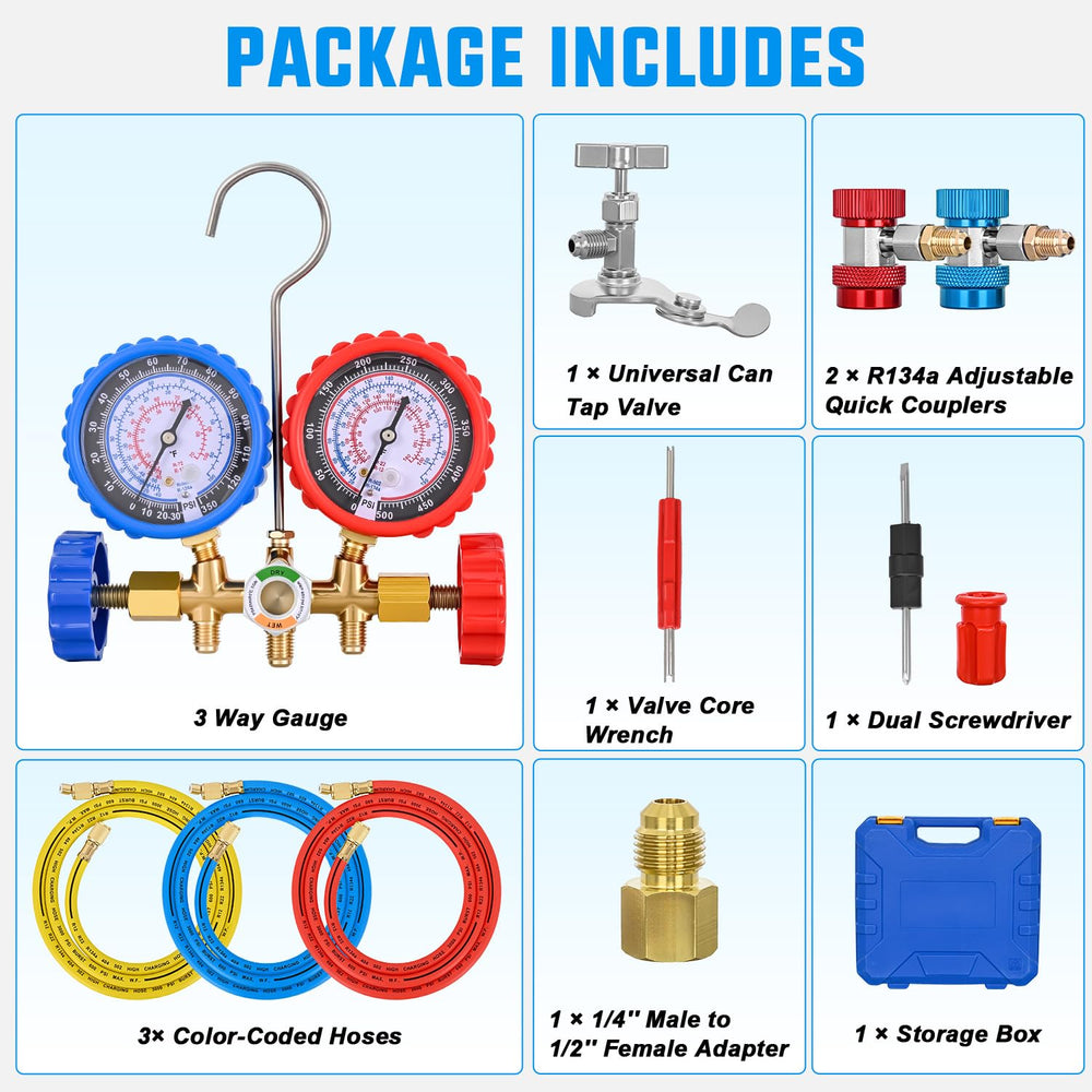 Nilight 3-Way A/C Manifold Gauge Set for R134a R12 R22 R502 w/Portable Box