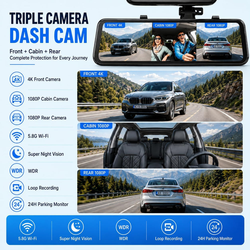 3 Channel 4K Rearview Mirror Dash Cam for Cars, GPS with WiFi APP Control