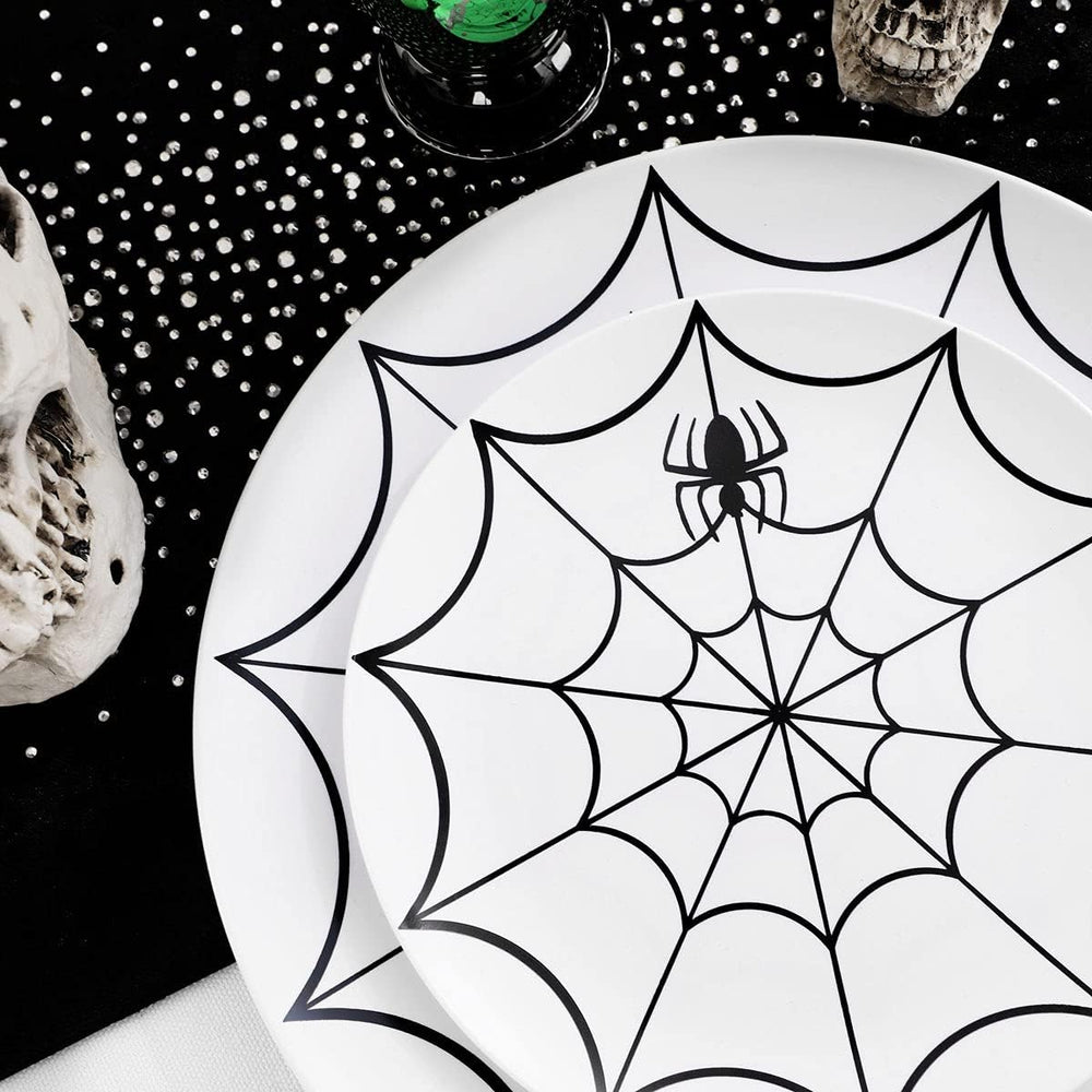 WDF 60Pieces Halloween Plates Disposable Plastic - White and Black with Cobwe...