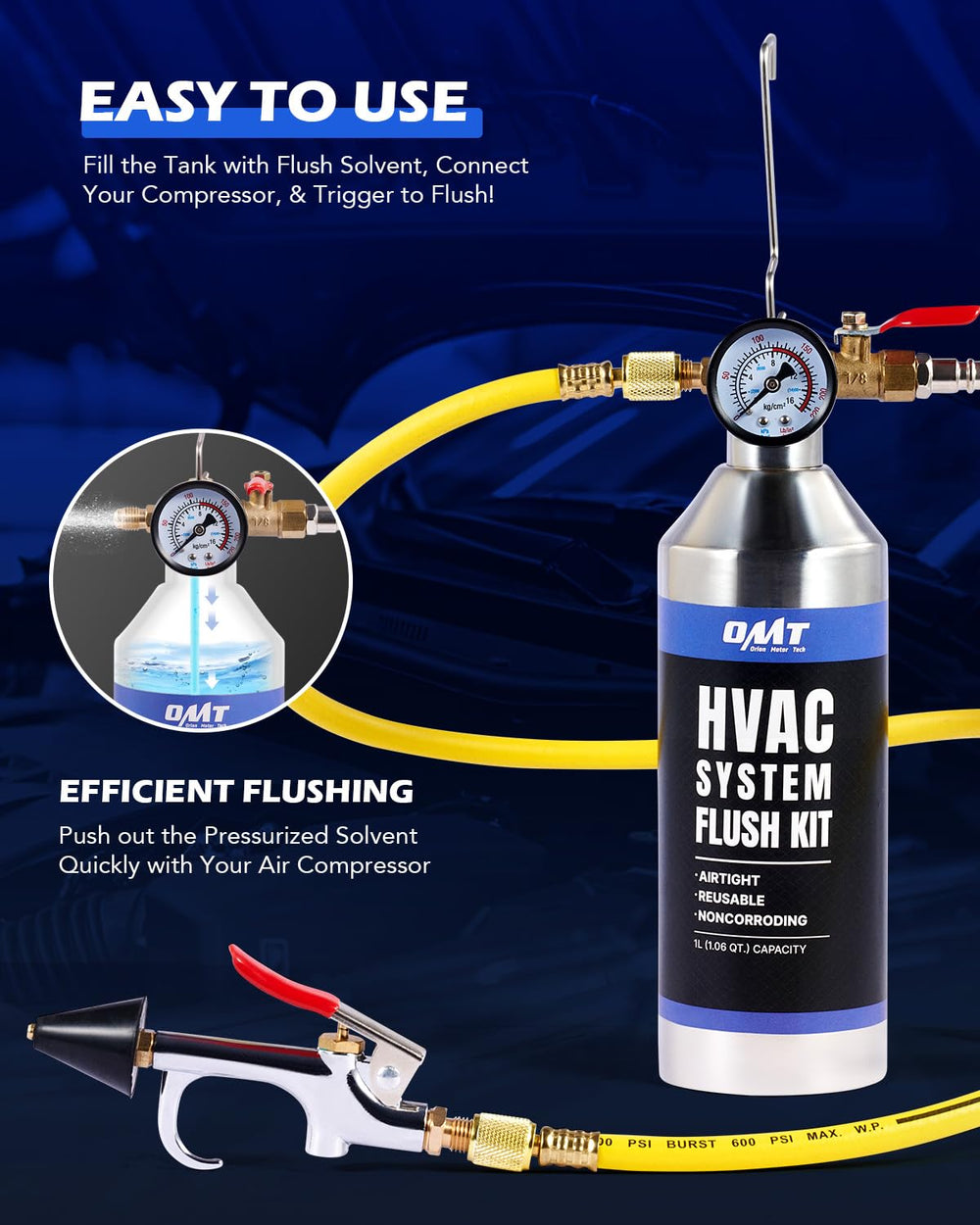 OMT AC Flush Kit with 33.5 oz Tank for R134a R12 R22 R410a