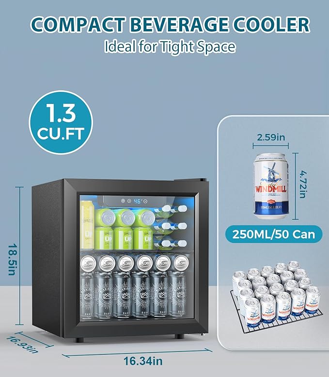 50 Cans Beverage Refrigerator Cooler, 1.3 Cu.ft Mini Fridge Countertop Drink