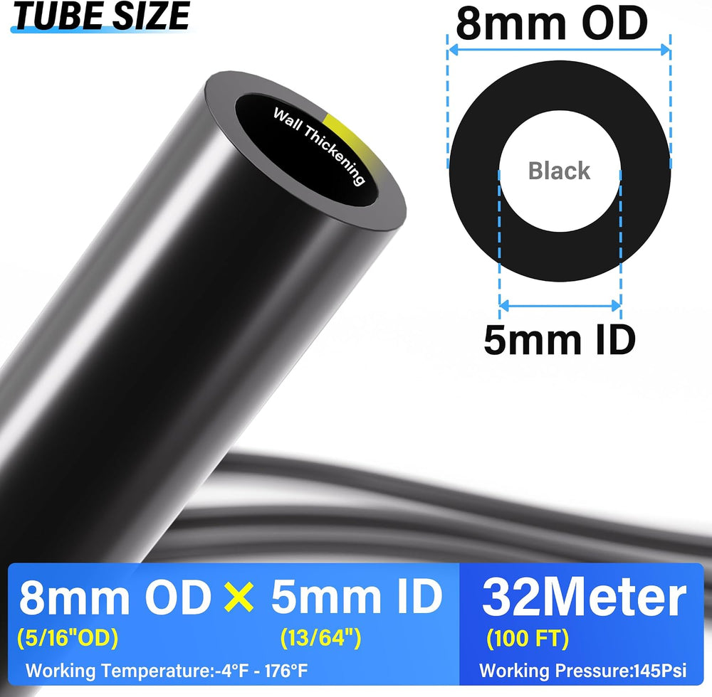 TAILONZ Black 8mm OD 5mm ID PU Air Hose Pipe Tube Kit 32 Meter 100ft