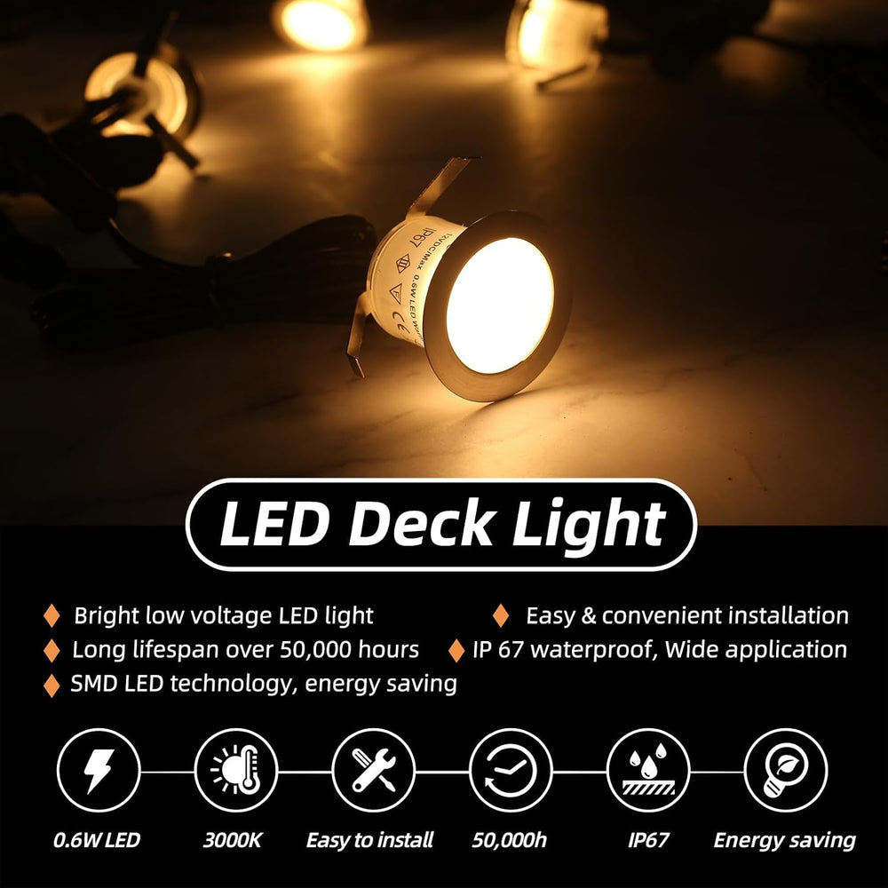 16 Pack Recessed LED Deck Light Kits with 12V Power Adapter, 32mm Warm White,...