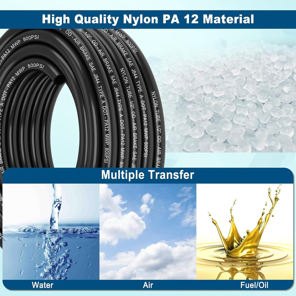 1/2" DOT Air Line, 100FT SAE J844 PA12 Nylon Air Tubing with Cutter