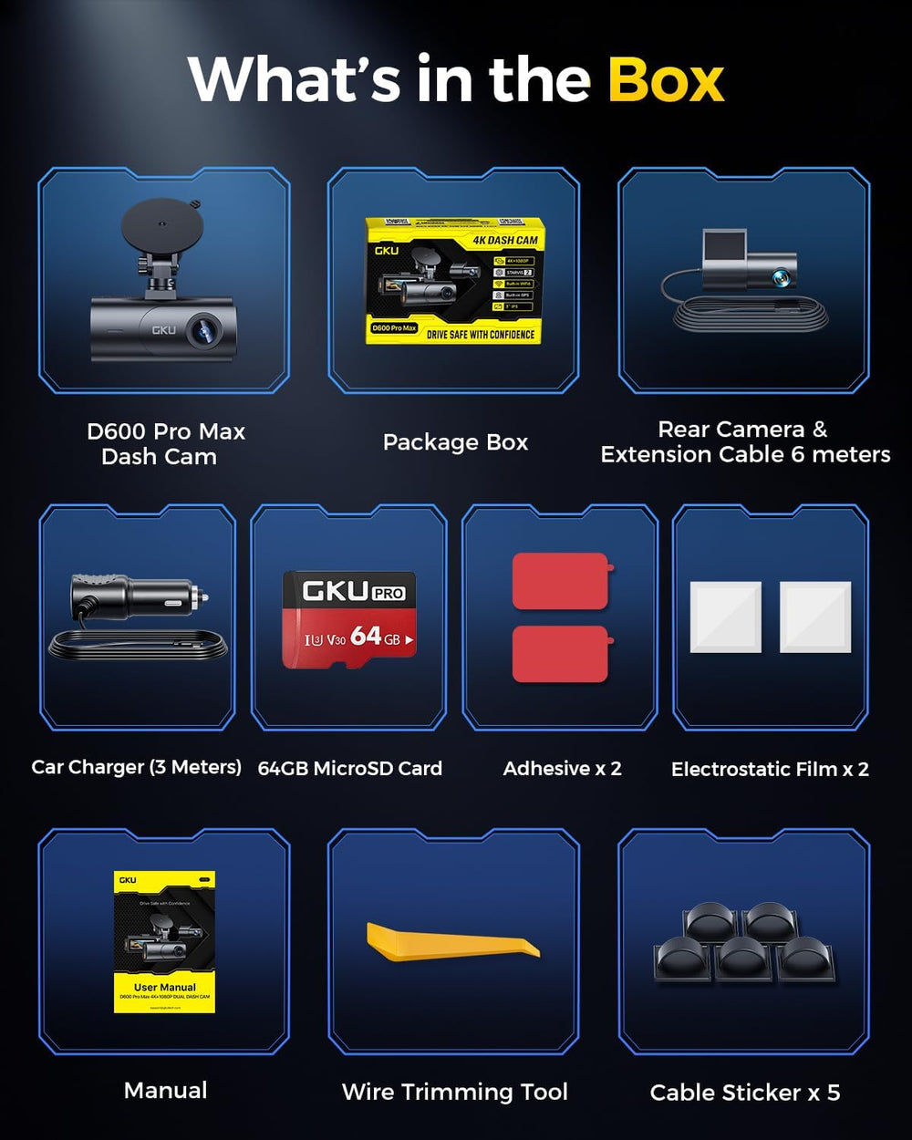 GKU 4K Dual Dash Cam Front and Rear, STARVIS 2 Sensor, 64GB Card Included