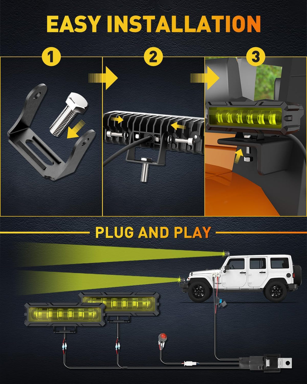 NAOEVO 6 Inch Yellow LED Light Bar, Lens Spot LED Fog Lights, Yellow