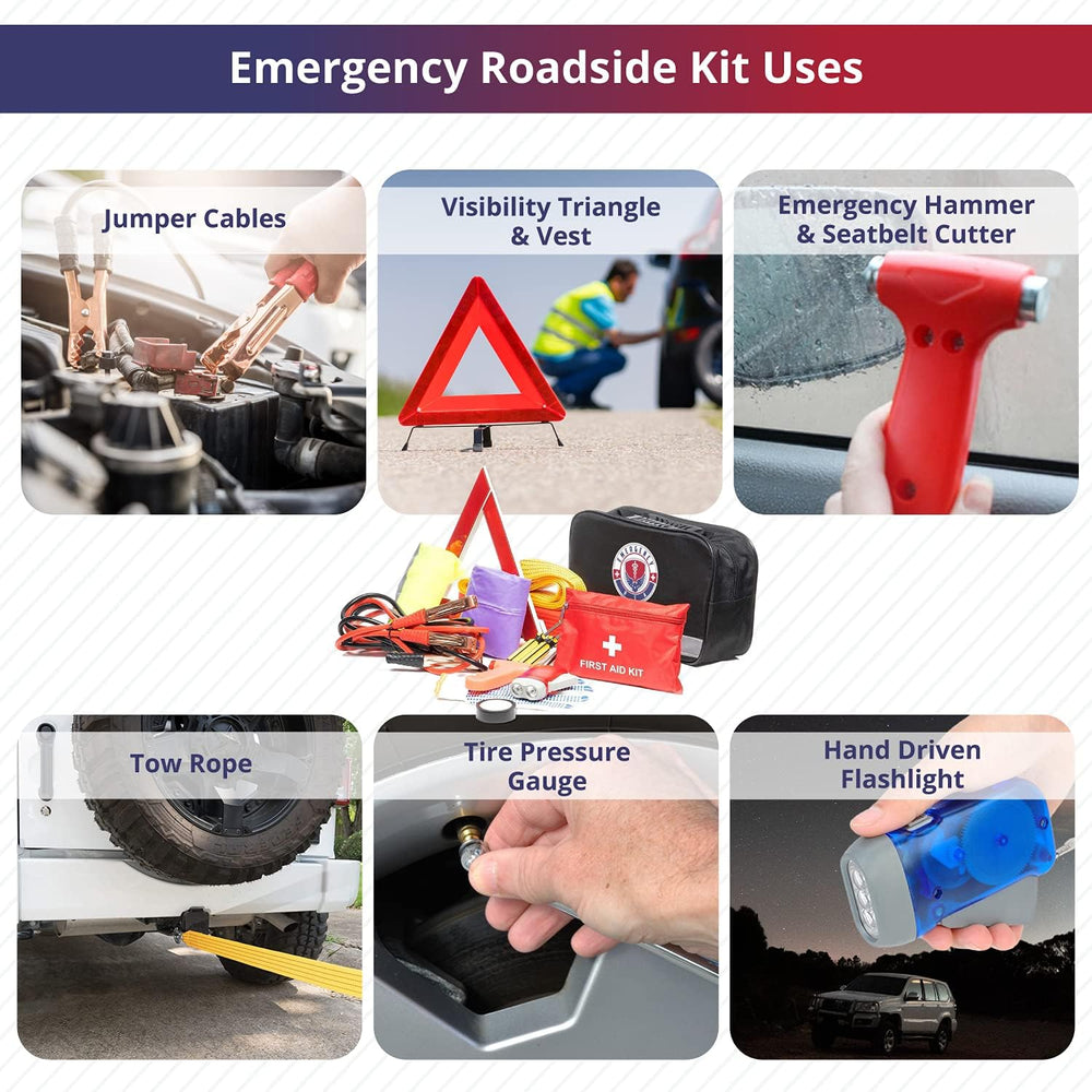 Roadside Car Emergency Kit - First Aid Set, Jumper Cables, Tow Strap, LED Fla...