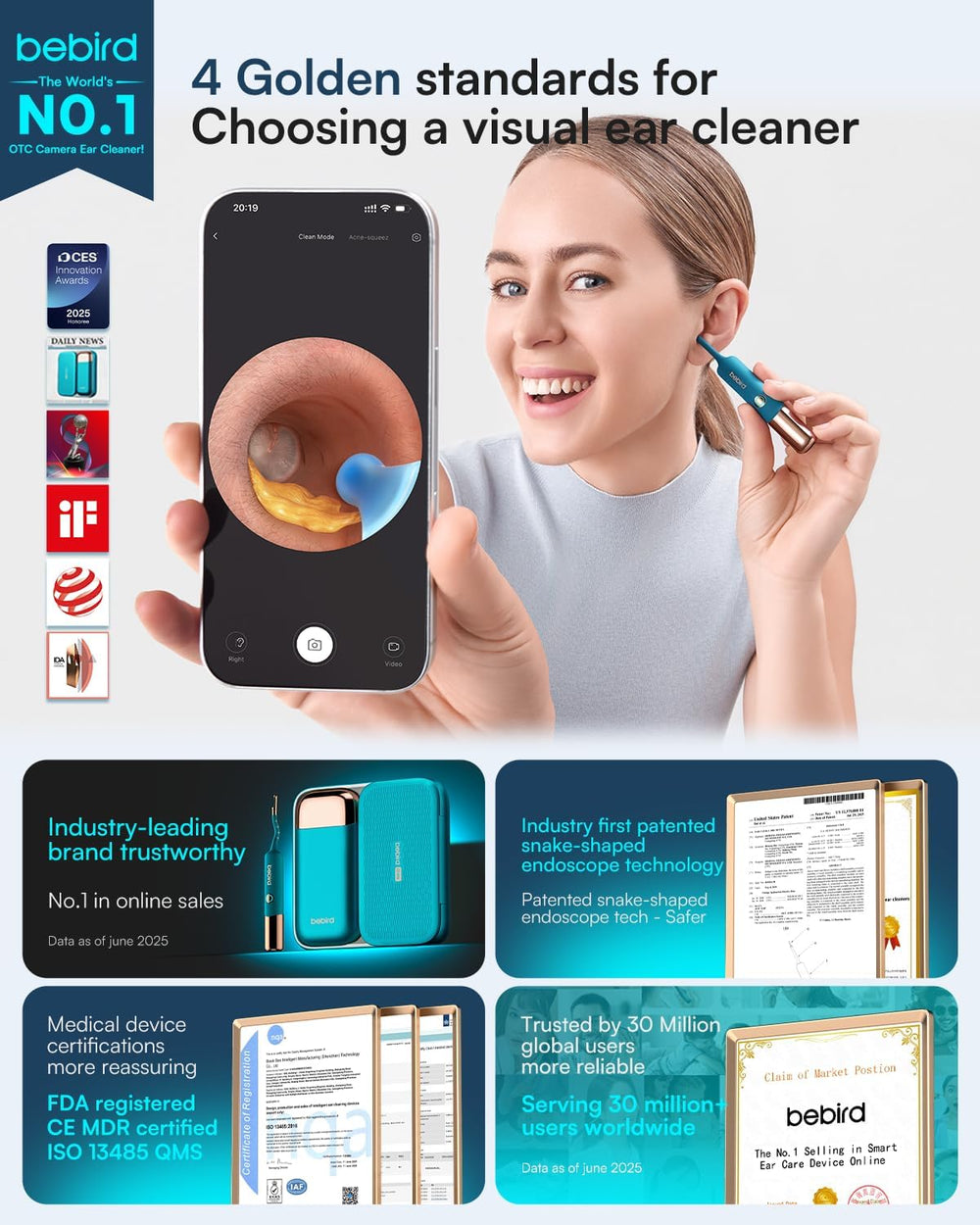 Bebird Ultra 2K Ear Wax Removal Tool Camera:Painless Tweezers & Dropper Kit