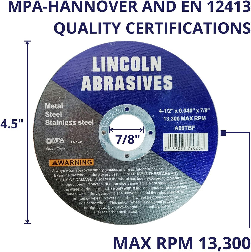 100 Pack 4.5" Cut-Off Wheels Lincoln Abrasives .040" Metal & St...