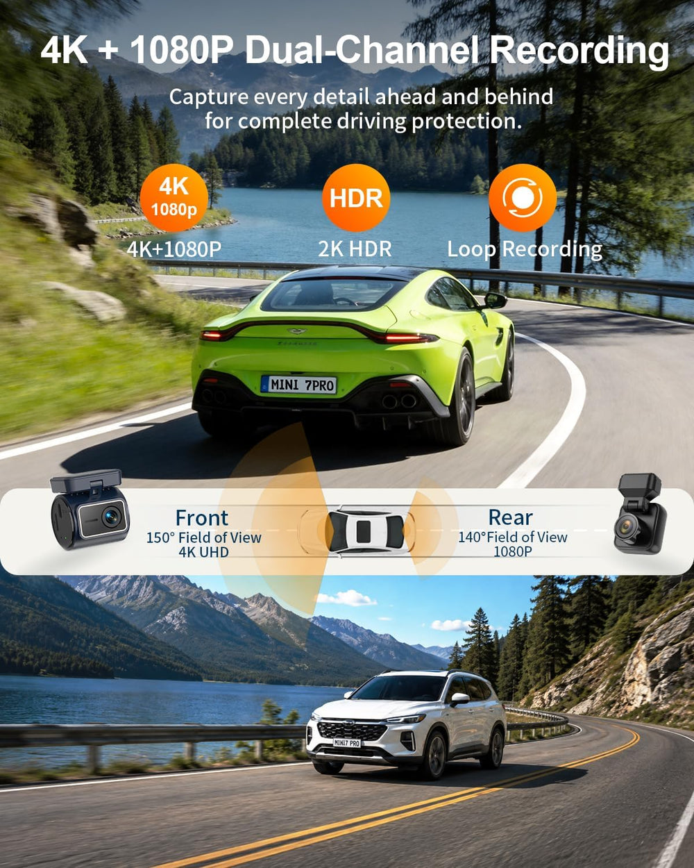 KAWA 4K+1080P Dual Dash Cam, Stealth Display, Voice Control, Wi-Fi 6 & GPS