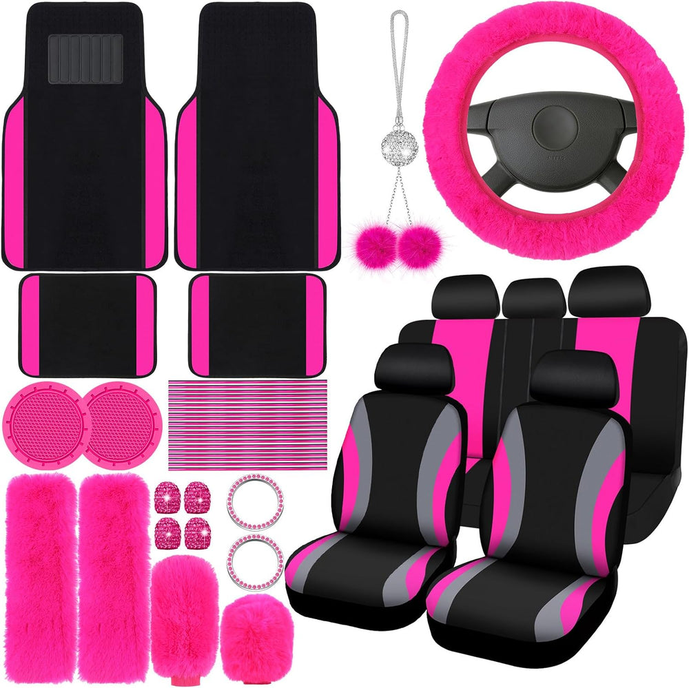 ROCEEI 47 Pcs Car Seat Cover Full Set Car Accessories, Rose Pink