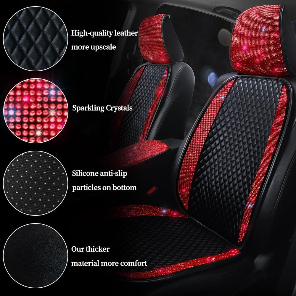PU Leather Car Seat Cover Bling Rhinestones Front Seat Protector for Girls Wo...