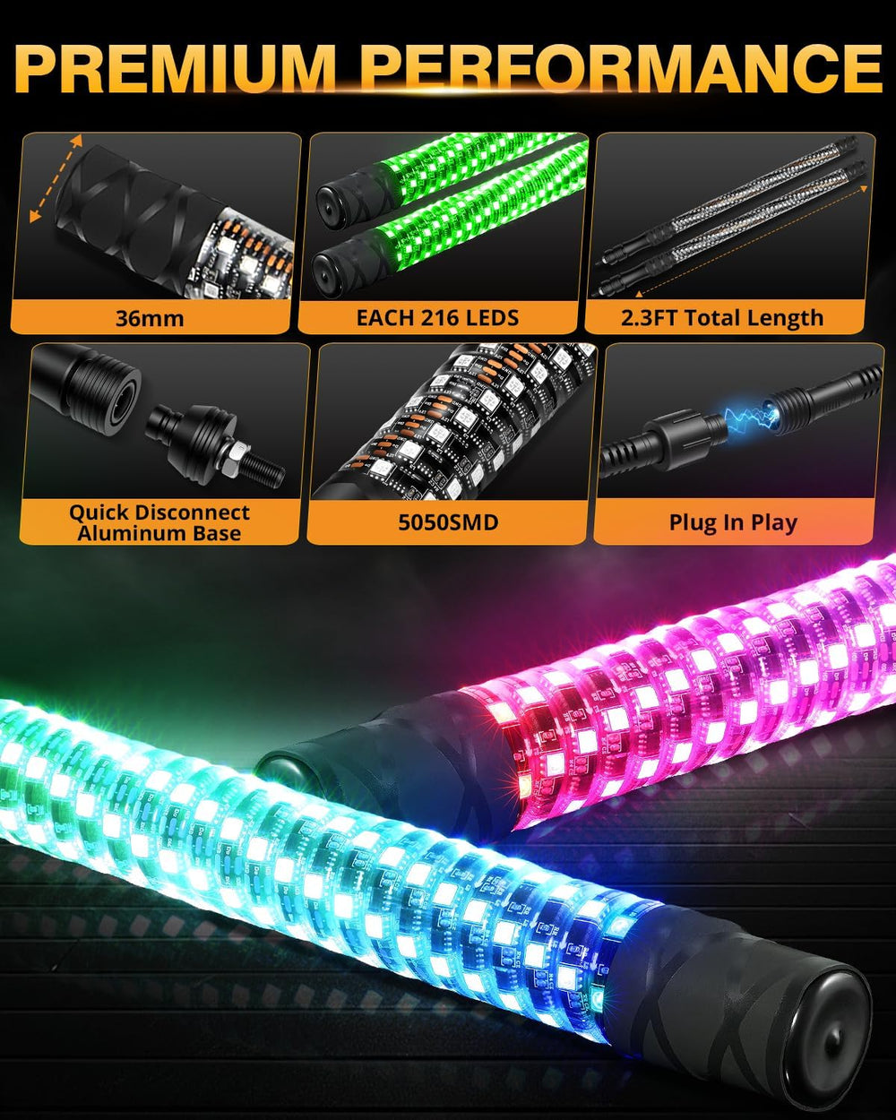 Auxbeam 2PCS 2.3FT RGB Whip Lights w/Bluetooth APP+Remote & Auxbeam 4-Pod...