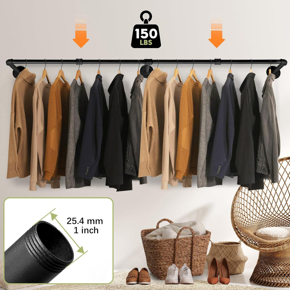 Industrial Pipe Clothing Rack, 66.1" Wall Mounted Clothes Rack Set of 2,...
