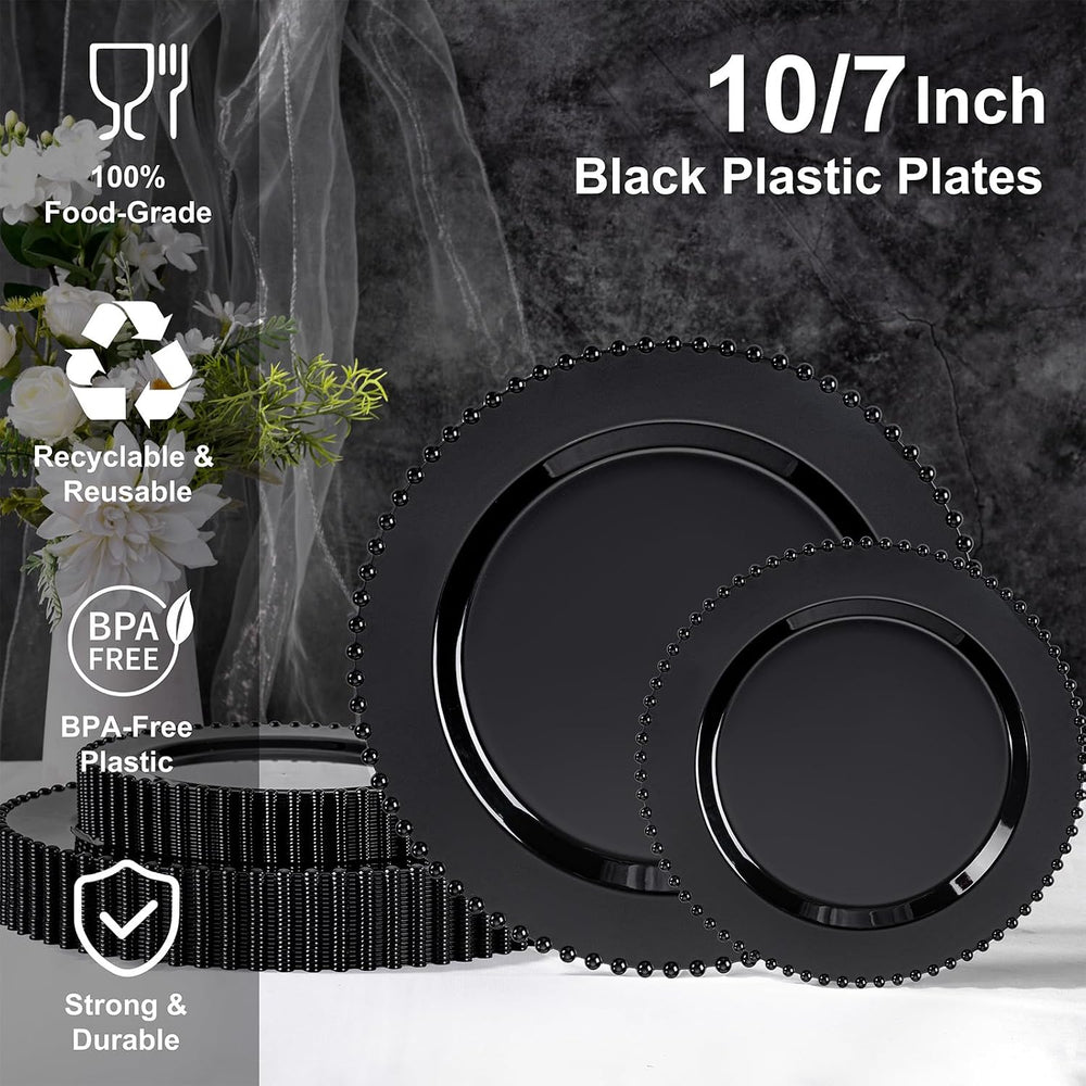 U-QE 60PCS Black Plastic Plates - Halloween Black Disposable Plates