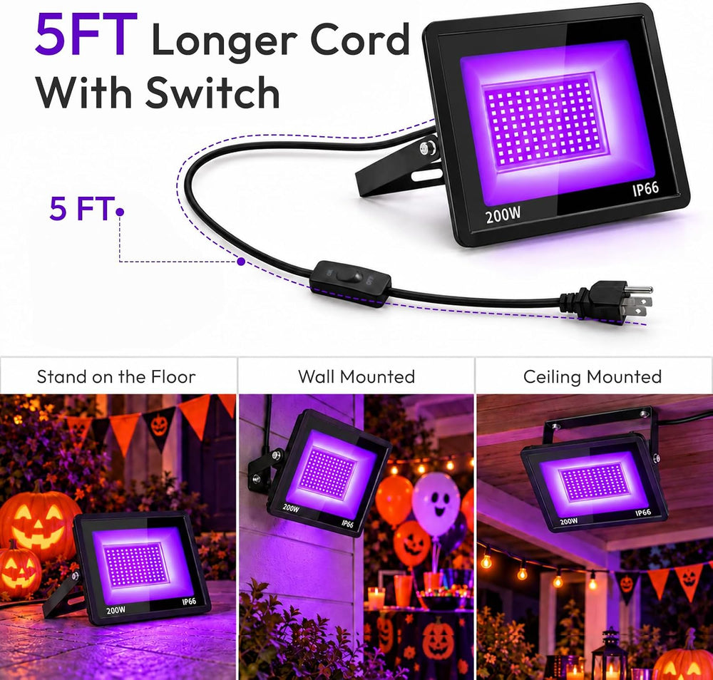 2-Pack 200W UV Black Lights for Halloween & Party, IP66, Plug/Switch