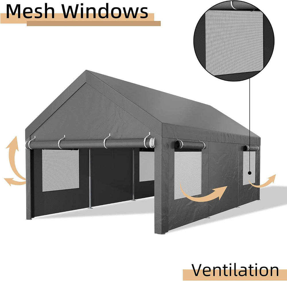 JY QAQA Carport, 12x20 FT Heavy Duty Carport with Roll-Up Window and Sandbags...