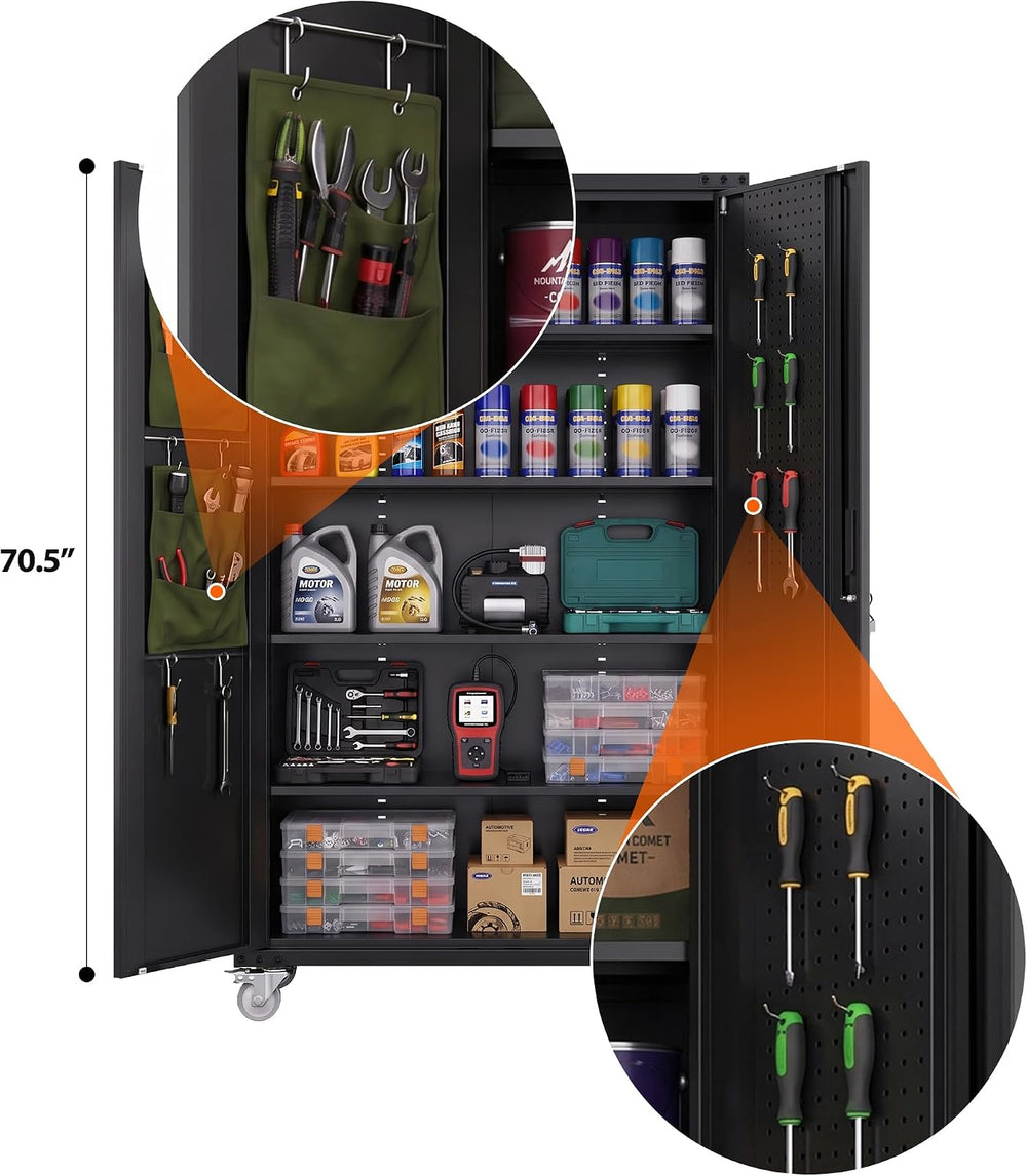 70.5" Extra Large Rolling Garage Cabinet, 20"D Metal Storage, Black