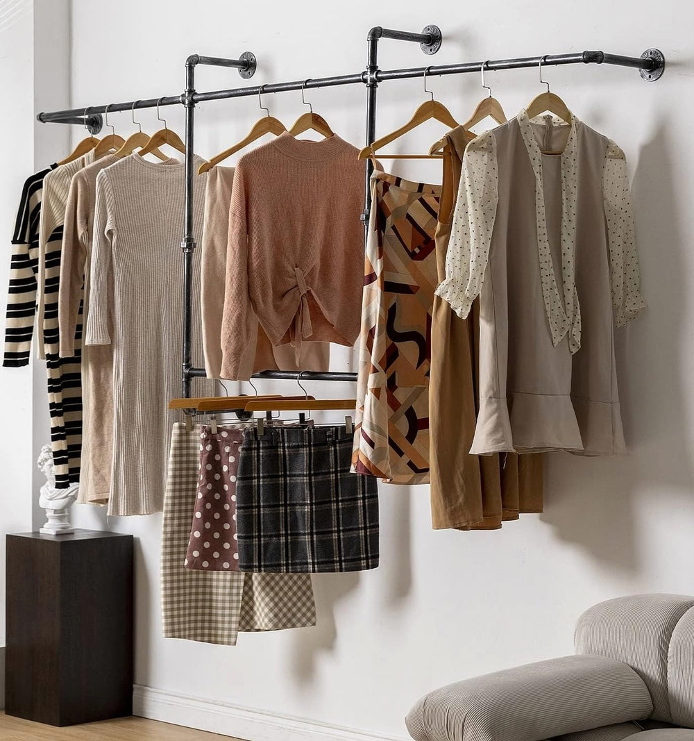 Industrial Pipe Clothing Rack, Hanging Garment Rack, Wall Mounted Pipe Clothe...