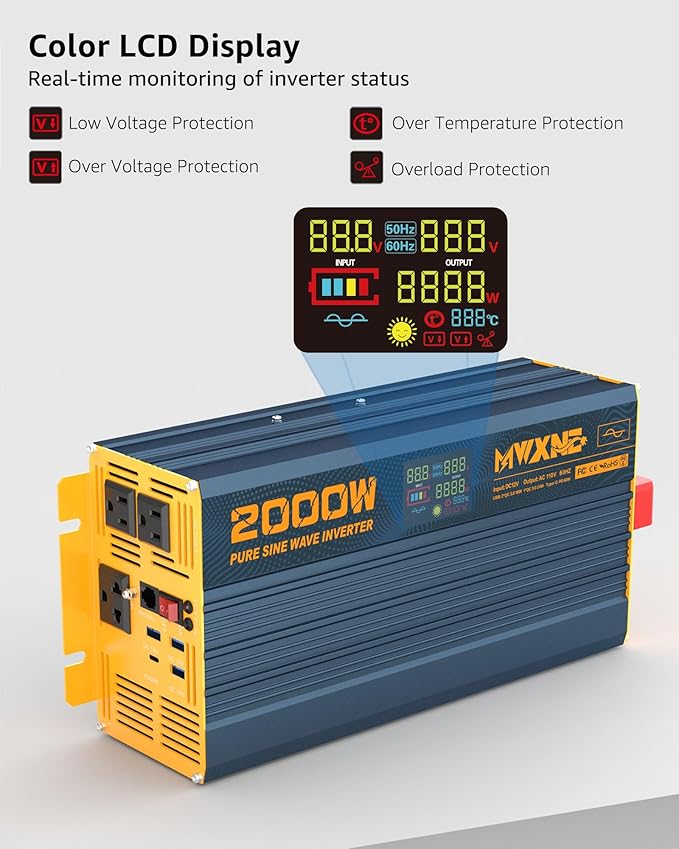 2000W Pure Sine Wave Power Inverter DC 12V to 110V 120V AC