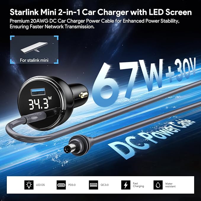 QUIDDITY Starlink Mini Car Adapter DC Power Cable + Cigarette Lighter Adapter