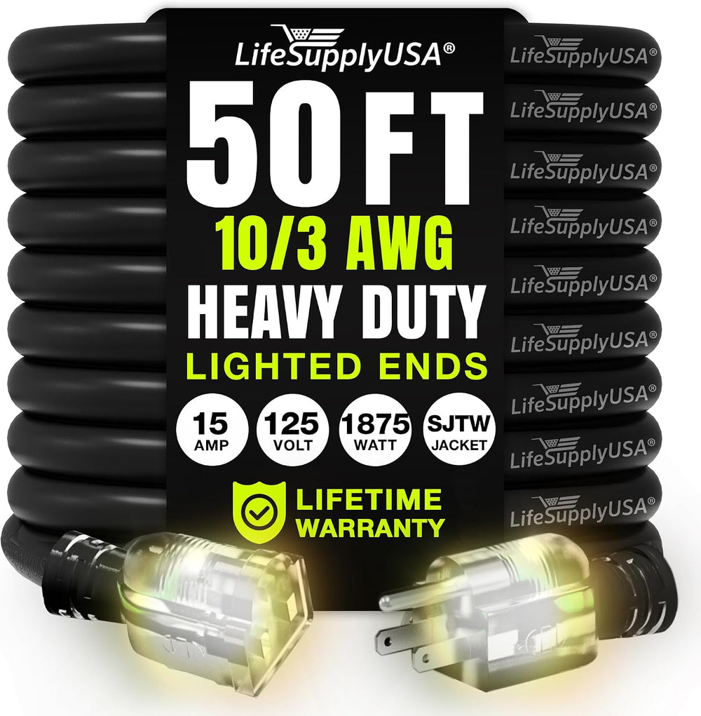 50ft Outdoor/Indoor Extension Cord 10/3 Gauge Ultra Heavy Duty 3 Prong SJTW