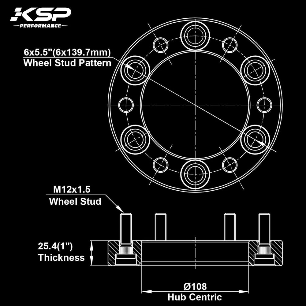 6X5.5 Wheel Spacers, KSP Forged 1 inch (25 mm) 6x139.7 mm to 6x139.7 mm Threa...